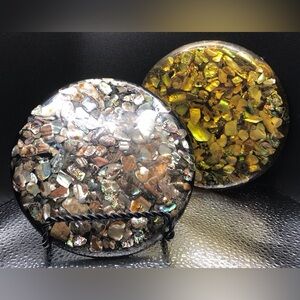 Pair vintage Yianni lucite and Abalone trivets California w original sticker